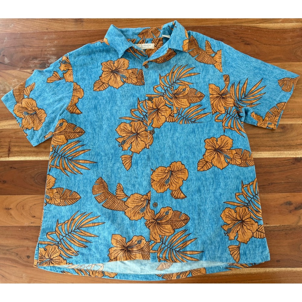 Island Republic Silk Rayon Hawaiian Shirt XL Blue Orange Hibiscus Tropical Camp